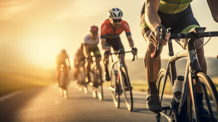 Close-up of a group of cyclists with professional racing sports gear riding on an open road cycling route - obrazy, fototapety, plakaty