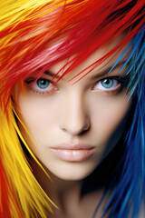 Portrait of young woman with colorful hair like feathers , tropical bird girl style