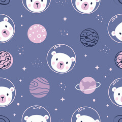 Cute bear in space, kids seamless pattern. Cartoon animal background. Design for kids clothes, t-shirts, wrapping, fabric, textiles, wallpaper, wrapping and more. Vector illustration