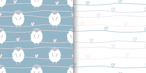 Hand-drawn line art and cute sheeps, seamless pattern. Cartoon abstract background. Design for fabric, textile, wallpaper, wrapping, print design and more. Vecttor illustration