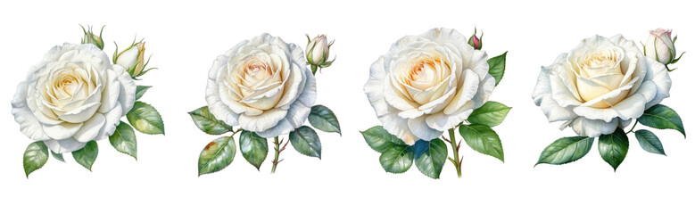 set of watercolor white rose flower clipart on transparent background - obrazy, fototapety, plakaty