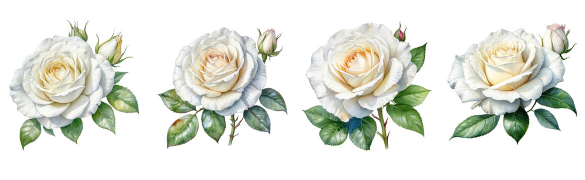 set of watercolor white rose flower clipart on transparent background