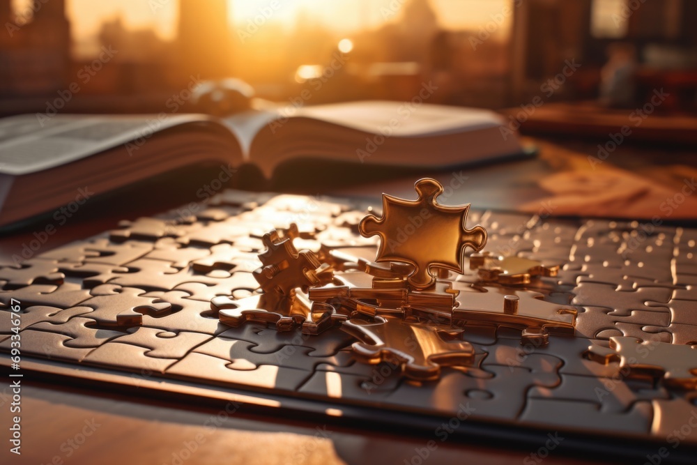 Poster A single puzzle piece placed on a table. Can be used for illustrating concepts such as problem-solving, teamwork, or finding solutions