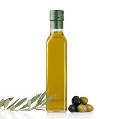 Bottle of olive oil and olives with olive branch isolated on white background