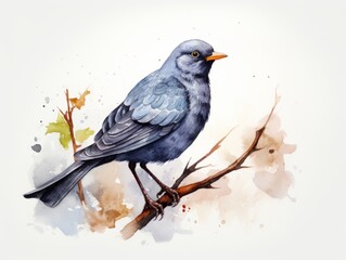 Watercolor bird on a branch. Hand drawn illustration isolated on white background Generative AI