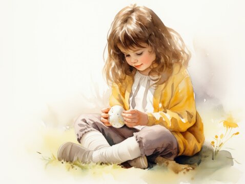 Beautiful little girl with easter egg. Digital watercolor painting. Generative AI
