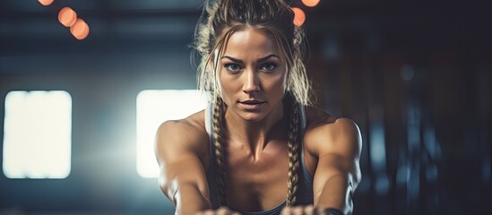 Fit woman in gym doing battle rope workout for cross fitness/ HIIT. Strong and sweaty, gym in industrial building. - obrazy, fototapety, plakaty