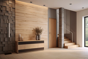 Interior stylish modern wooden entrance hallway decor with cozy wooden tone, contemporary home with furniture desk, stand and shoe bench. - Powered by Adobe