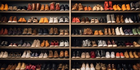 A large shelf filled with a diverse selection of shoes. Perfect for shoe enthusiasts and fashion lovers alike - obrazy, fototapety, plakaty