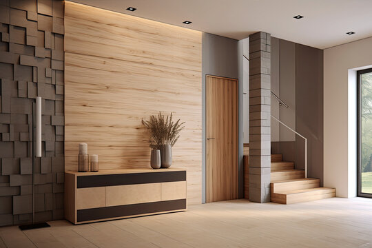 Interior stylish modern wooden entrance hallway decor with cozy wooden tone, contemporary home with furniture desk, stand and shoe bench.