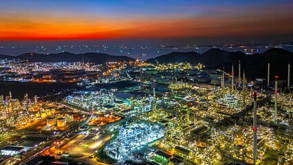 Aerial view oil refinery plant at twilight.
