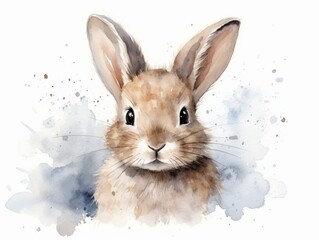 Watercolor portrait of a cute rabbit on a white background with splashes Generative AI