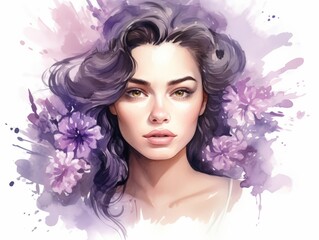 Beautiful young woman with purple flowers on her face. illustration. Generative AI