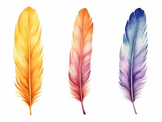Set of colorful feathers isolated on white background. Watercolor illustration. Generative AI