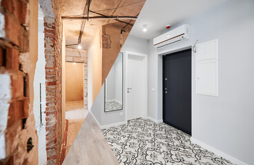 Comparison of old flat with underfloor heating pipes and new renovated apartment with modern interior design. Hallway with heated floor before and after renovation. - obrazy, fototapety, plakaty