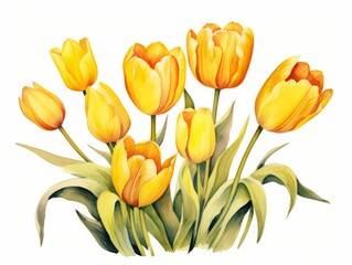 Obraz na płótnie Canvas Bouquet of yellow tulips isolated on white background. Watercolor illustration Generative AI