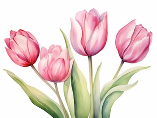 Bouquet of pink tulips isolated on white background. Watercolor illustration Generative AI