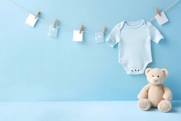 Foto op Plexiglas New born, child and teddy bear with balloons, its a boy, baby © fadi