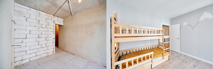 Fototapeta na wymiar Old apartment room with brick wall and new renovated flat with parquet floor and kid house bed. Comparison of children room with wooden bunk bed before and after renovation.