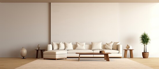 Spacious room with tan rug and white leather seating. - obrazy, fototapety, plakaty