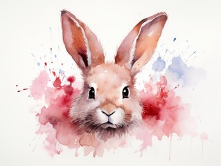 Rabbit with watercolor splashes on white background. illustration. Generative AI