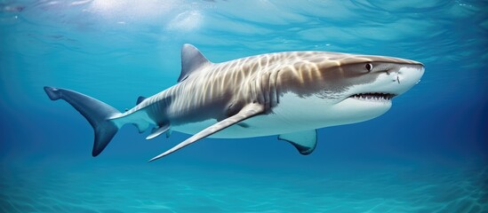 Obraz premium Tiger Shark in Atlantic Ocean, Bahamas, swimming underwater.