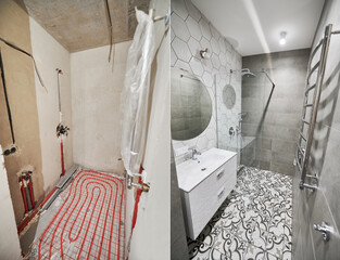 Photo collage of apartment bathroom before and after restoration. Comparison of old room with...