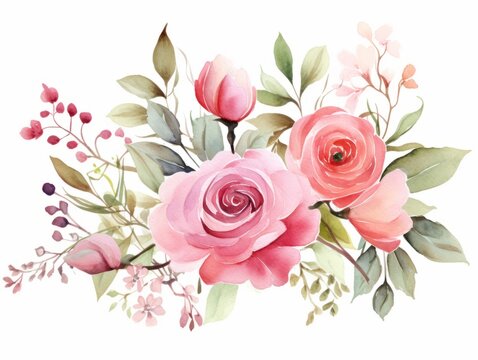 Beautiful vector image with nice watercolor roses and leaves on white background Generative AI