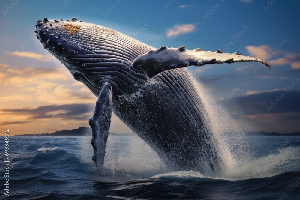 Poster a stunning image capturing a humpback whale leaping out of the water. perfect for nature enthusiasts