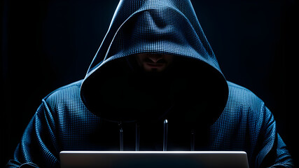 Hacker, hacker hacks network, hacker on a dark background. Dangerous Hooded Hacker Breaks into...