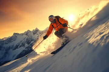 A man is seen riding skis down the side of a snow covered slope. This image can be used to depict winter sports and outdoor activities