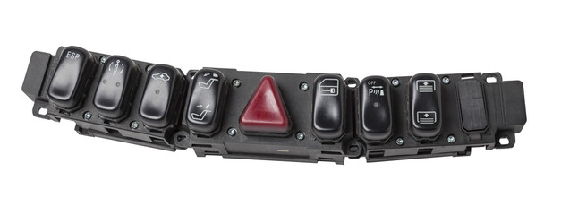 Black plastic block of car control panel with red emergency stop button for signal lights, spare...
