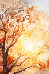 A painting of a tree with the sun shining through it. Suitable for nature-themed designs and decor