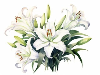 Fototapeta na wymiar Bouquet of white lilies on a white background. illustration. Generative AI