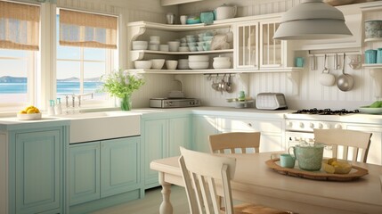 Fototapeta na wymiar Coastal cottage kitchen with beadboard cabinets and a breezy, relaxed vibe