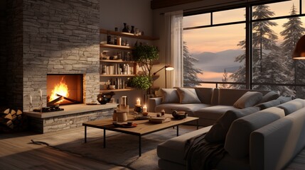 Cozy living room with contemporary furniture and a fireplace