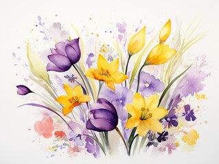 Spring bouquet with crocus and iris flowers. illustration. Generative AI