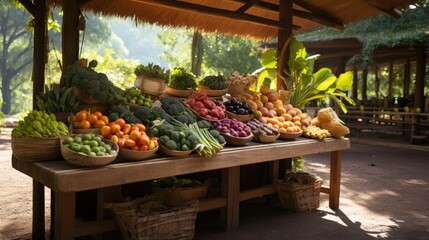 Various types of vegetables including green peppers, red peppers, onions, broccoli, cauliflower and radishes are neatly arranged - obrazy, fototapety, plakaty