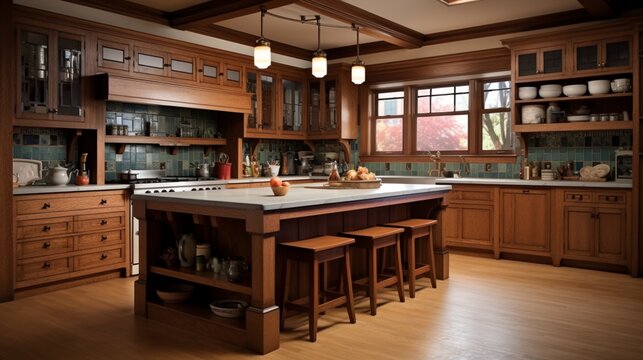 Fototapeta Craftsman-style kitchen with custom woodwork and stained glass details