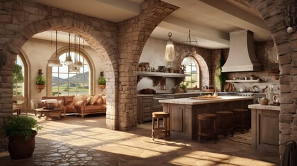 Mediterranean villa kitchen with arched doorways and rustic stone accents