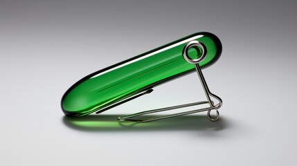 a green safety pin, capturing its vibrant color and practicality, set against a pristine white backdrop for a visually pleasing contrast.