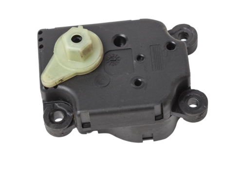 Heater flap motor - spare part and element of car air conditioning system for directing air into the car interior on white isolated background. Auto service industry. Spare parts catalog.