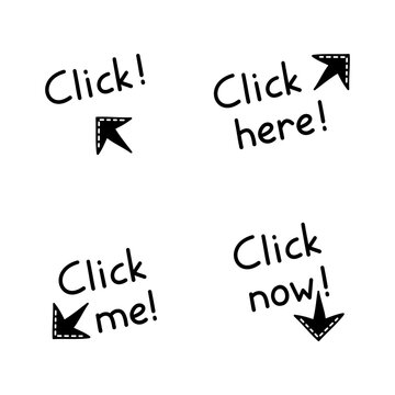 Doodle click here button. Mouse cursor for website or computer application, hand drawn vector arrow pointer
