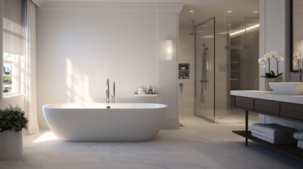 Fototapeta na wymiar Spacious bathroom with a freestanding tub and contemporary fixtures