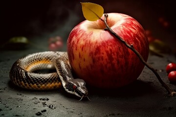 Snake apple sin temptation. Biblical forbidden fruit with evil serpent animal. Generate ai - obrazy, fototapety, plakaty