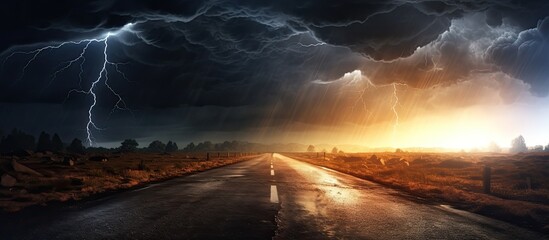 Lightning storm above road