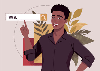 Search bar navigation menu, african american man finger point sign. Web page browser, text box computer screen template, public websites user interface. Vector illustration, botanical leaf background
