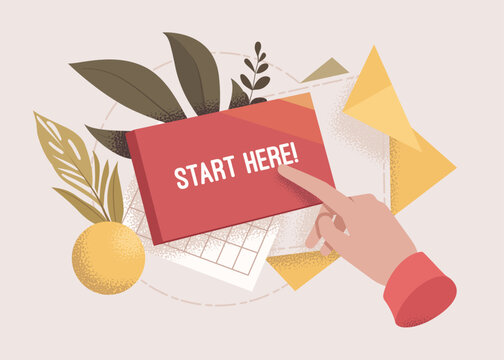 Start here red button, hand finger point sign. Press action to begin, search for information, electronic interface option, business starting. Vector illustration, schedule, botanical leaf background