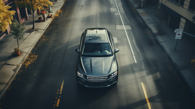 Aerial. A Car With Road Top View