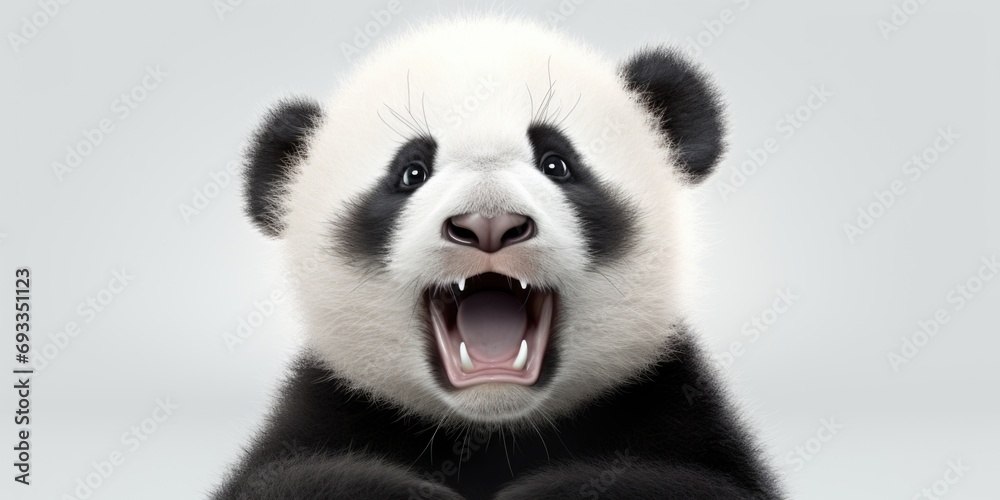 Poster Close-up view of a panda bear with its mouth wide open. This image can be used to depict the unique features and expressions of panda bears.